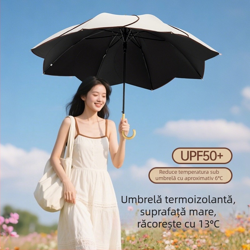 Umbrelă cu mâner din lemn curbat și design în formă de petale, cupă vinil, protecție UV UPF50+, pentru ploaie și soare, cadou promoțional