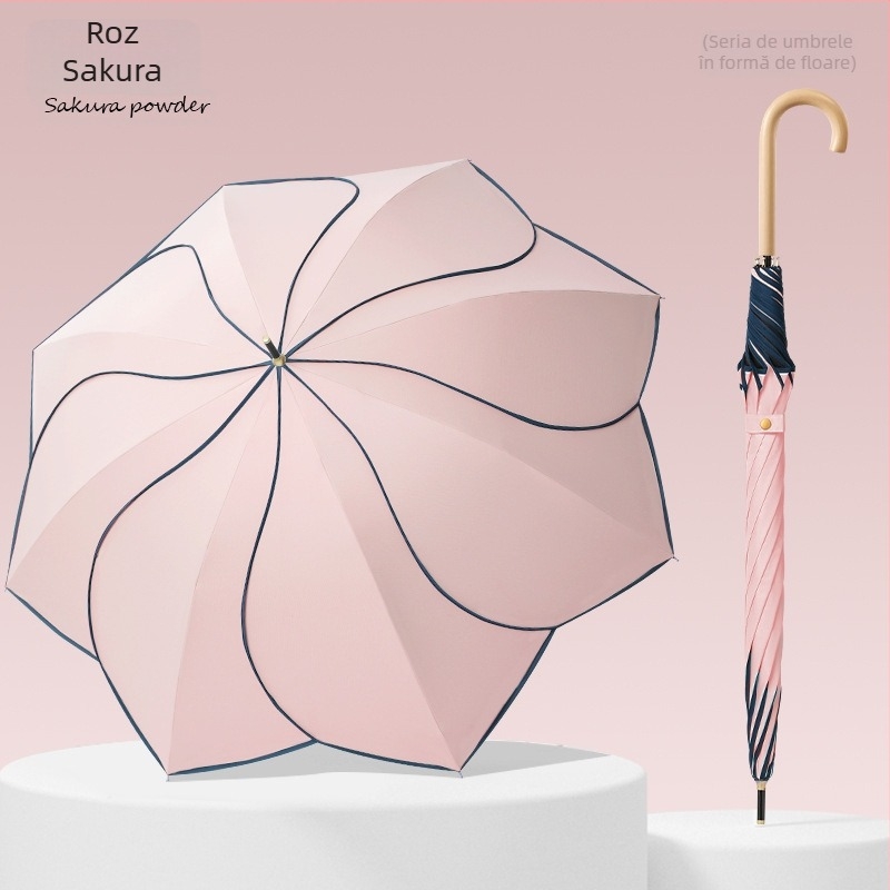 Umbrelă cu mâner din lemn curbat și design în formă de petale, cupă vinil, protecție UV UPF50+, pentru ploaie și soare, cadou promoțional