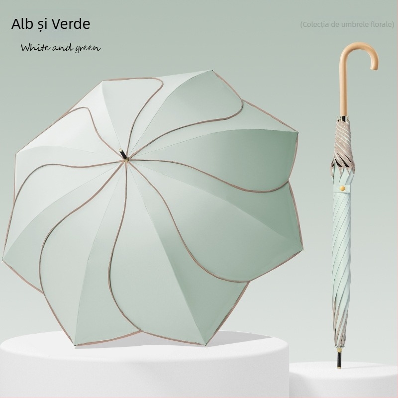 Umbrelă cu mâner din lemn curbat și design în formă de petale, cupă vinil, protecție UV UPF50+, pentru ploaie și soare, cadou promoțional