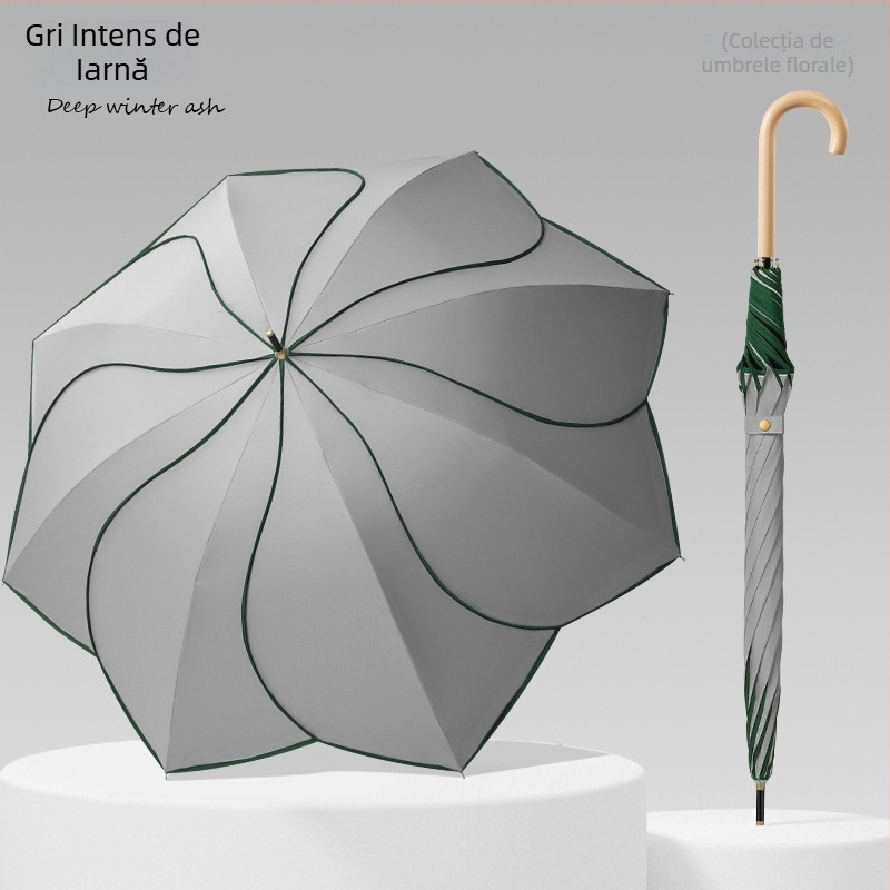 Umbrelă cu mâner din lemn curbat și design în formă de petale, cupă vinil, protecție UV UPF50+, pentru ploaie și soare, cadou promoțional
