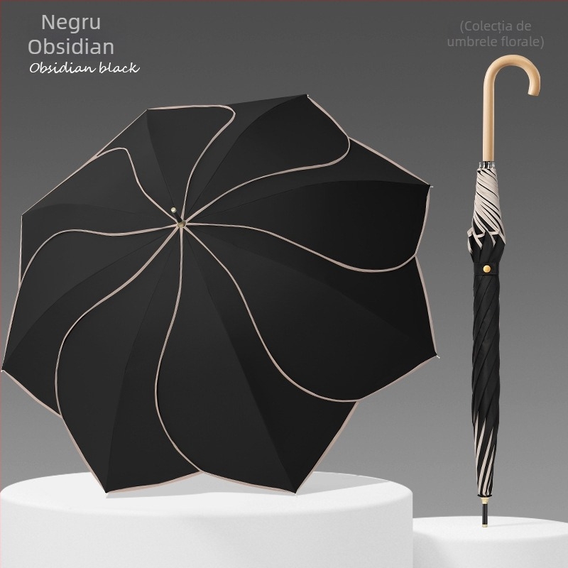 Umbrelă cu mâner din lemn curbat și design în formă de petale, cupă vinil, protecție UV UPF50+, pentru ploaie și soare, cadou promoțional
