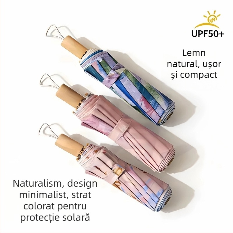 Umbrelă de soare vintage, pliere tri-fold, protecție UV UPF50+, schelet din fier cu 12 brațe, pentru adulți