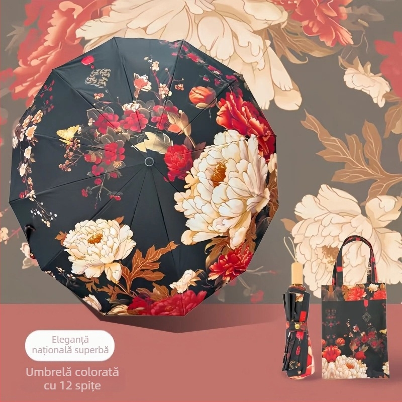 Umbrelă de soare vintage, pliere tri-fold, protecție UV UPF50+, schelet din fier cu 12 brațe, pentru adulți