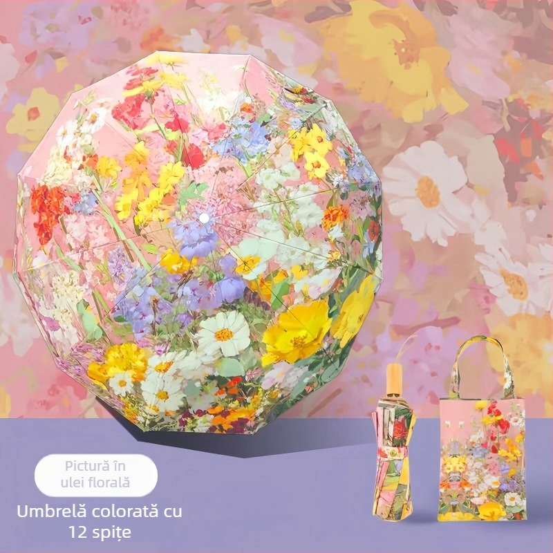 Umbrelă de soare vintage, pliere tri-fold, protecție UV UPF50+, schelet din fier cu 12 brațe, pentru adulți