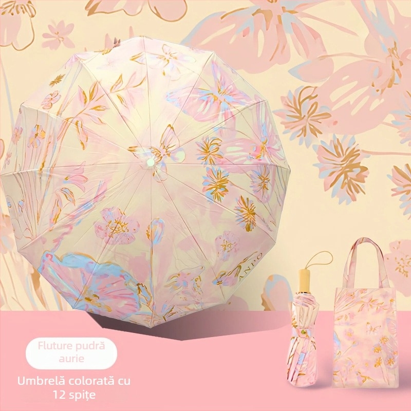 Umbrelă de soare vintage, pliere tri-fold, protecție UV UPF50+, schelet din fier cu 12 brațe, pentru adulți