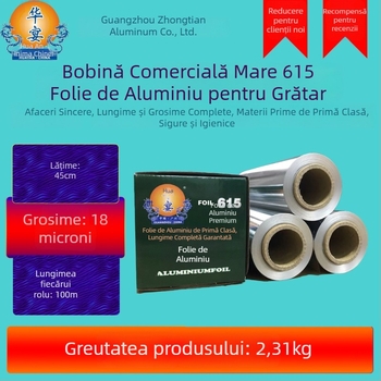 Folie de aluminiu alimentară, 18 microni, 100 m × 45 cm, rezistentă la temperaturi înalte, de unică folosință