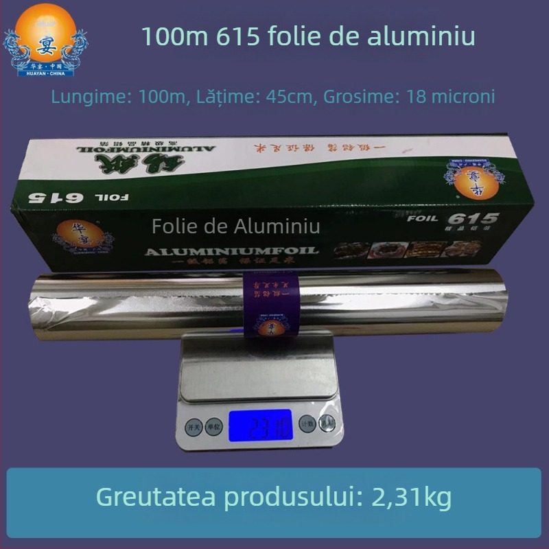 Folie de aluminiu alimentară, 18 microni, 100 m × 45 cm, rezistentă la temperaturi înalte, de unică folosință