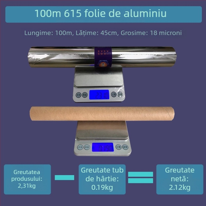 Folie de aluminiu alimentară, 18 microni, 100 m × 45 cm, rezistentă la temperaturi înalte, de unică folosință