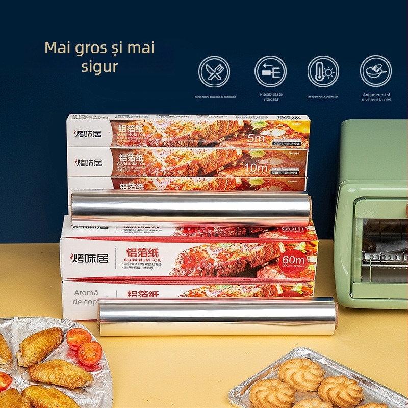 Folie de aluminiu pentru grătar și ambalare pentru livrare, grosime 12–40 μm, potrivită pentru cuptor, dimensiuni 30/38/45 cm