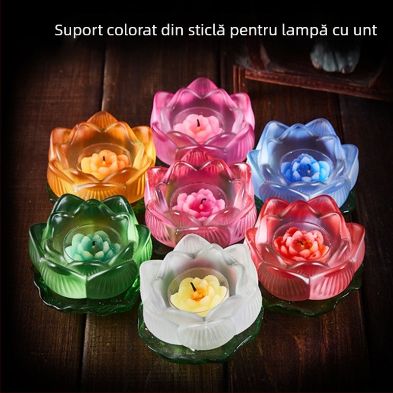 Suport din sticlă pentru lampă de unt cu bază în formă de frunză de lotus, colorat, pentru Guanyin