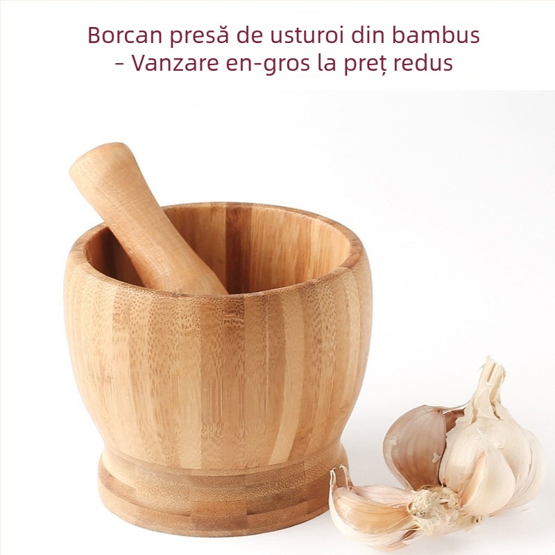 Mojar din lemn pentru usturoi, cu râșniță din bambus
