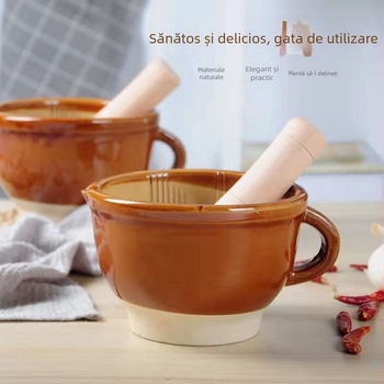 Mojar ceramic tradițional cu mâner, îngroșat, pentru uz casnic, zdrobirea ouălor conservate, pastă de ardei iute și usturoi, multifuncțional
