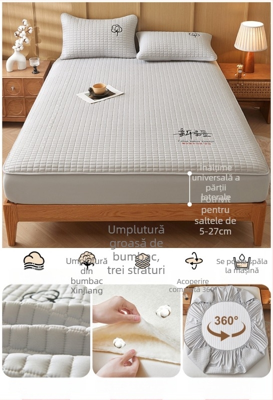 Față de pat din bumbac 100% cu quilt pentru pat single, protecție de saltea îngroșată, set de trei piese