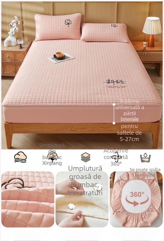 Față de pat din bumbac 100% cu quilt pentru pat single, protecție de saltea îngroșată, set de trei piese