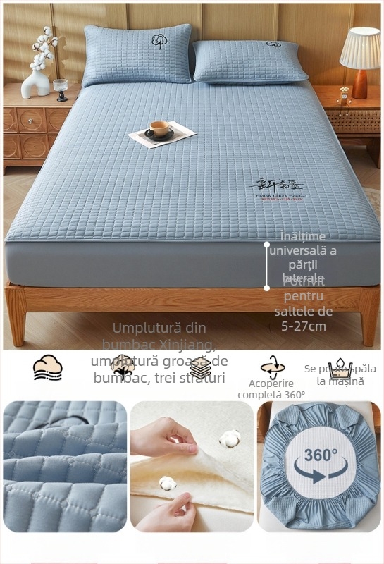 Față de pat din bumbac 100% cu quilt pentru pat single, protecție de saltea îngroșată, set de trei piese