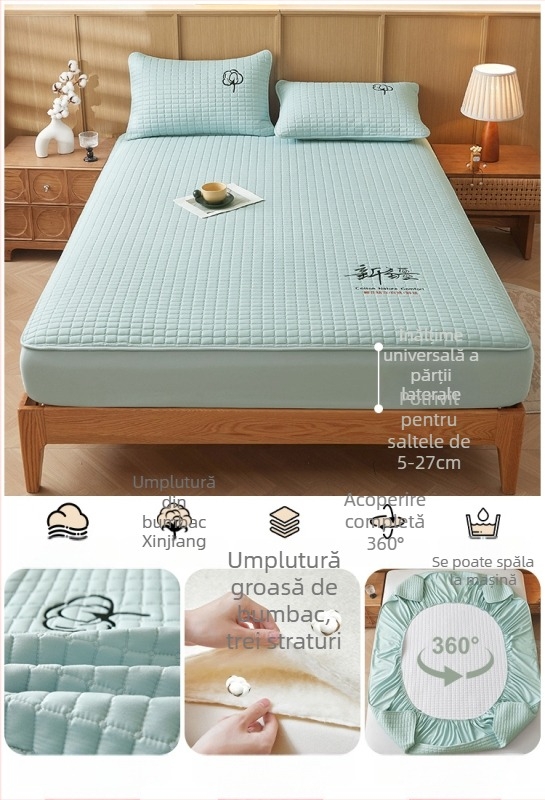 Față de pat din bumbac 100% cu quilt pentru pat single, protecție de saltea îngroșată, set de trei piese