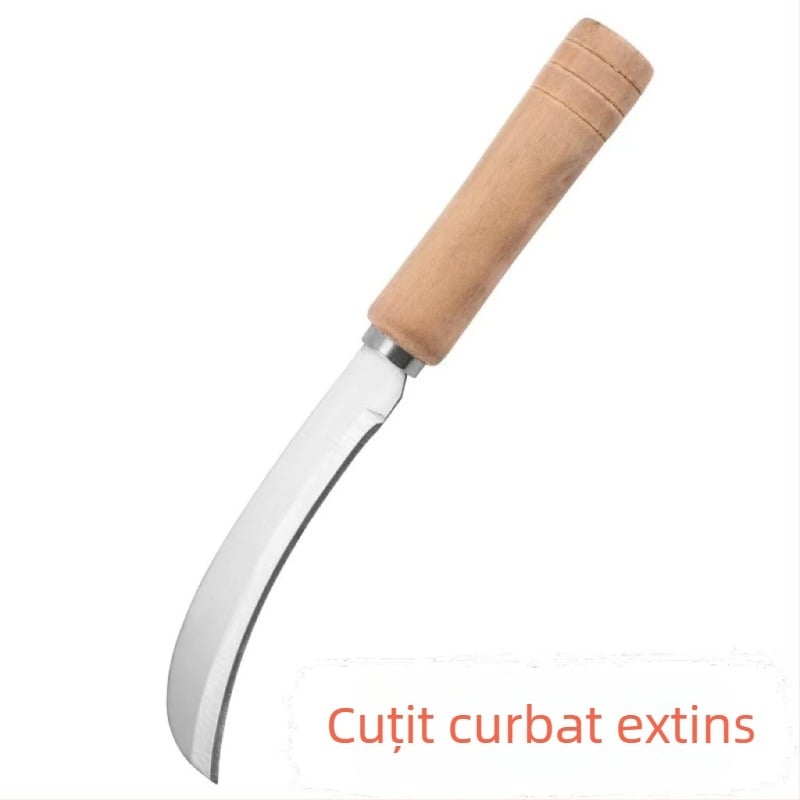 Cuțit din oțel inoxidabil, cu mâner din lemn extins, lamă curbată, trei în unu: decojire și tăierea fructelor și legumelor
