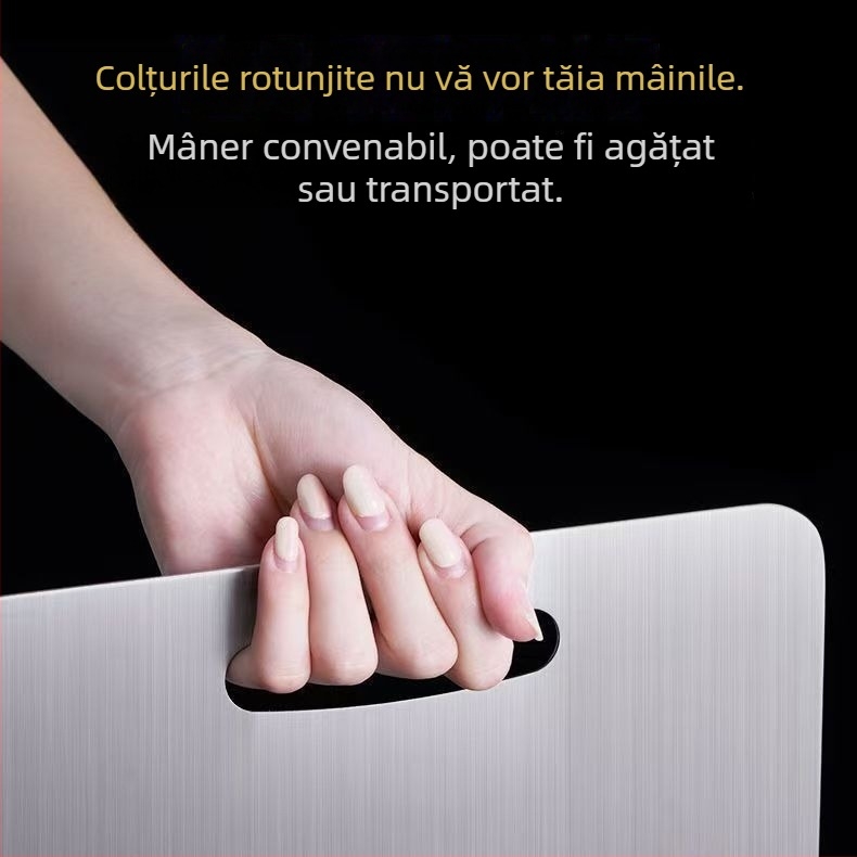 Tăietor din oțel inoxidabil gros, antibacterian și rezistent la mucegai, dublă față, pentru bucătărie, cu suport de agățare, suprafață pentru întins aluat