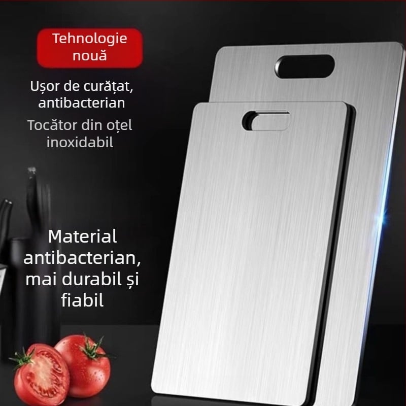 Tăietor din oțel inoxidabil gros, antibacterian și rezistent la mucegai, dublă față, pentru bucătărie, cu suport de agățare, suprafață pentru întins aluat