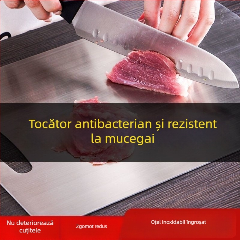 Tăietor din oțel inoxidabil gros, antibacterian și rezistent la mucegai, dublă față, pentru bucătărie, cu suport de agățare, suprafață pentru întins aluat