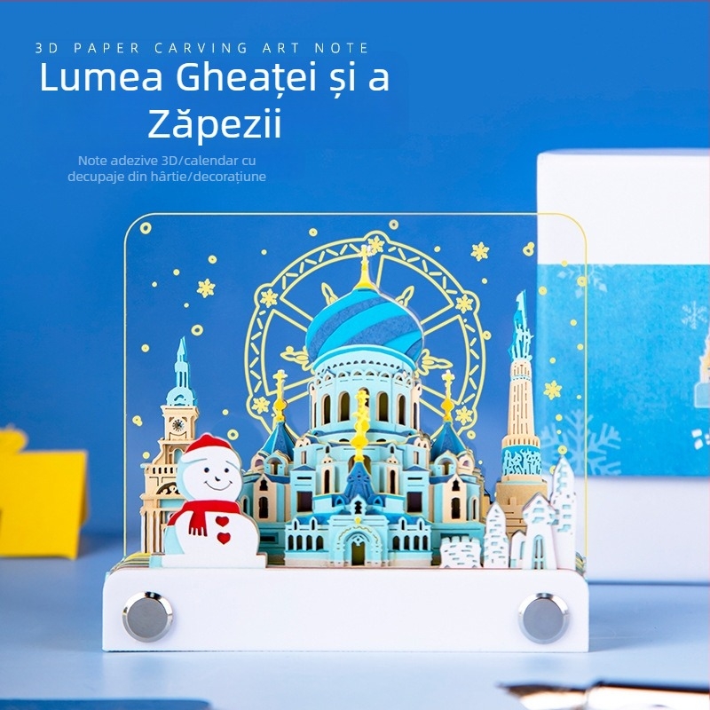 Calendar 3D din hârtie, în formă de clădire – pagini de rupere manuală, într-o cutie cadou