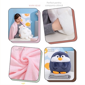Pernă pluș cu capibara, hamster și pinguin, cu pătură — 3 în 1 pentru birou și acasă, pernă de odihnă și încălzitor de mâini, păpușă decorativă