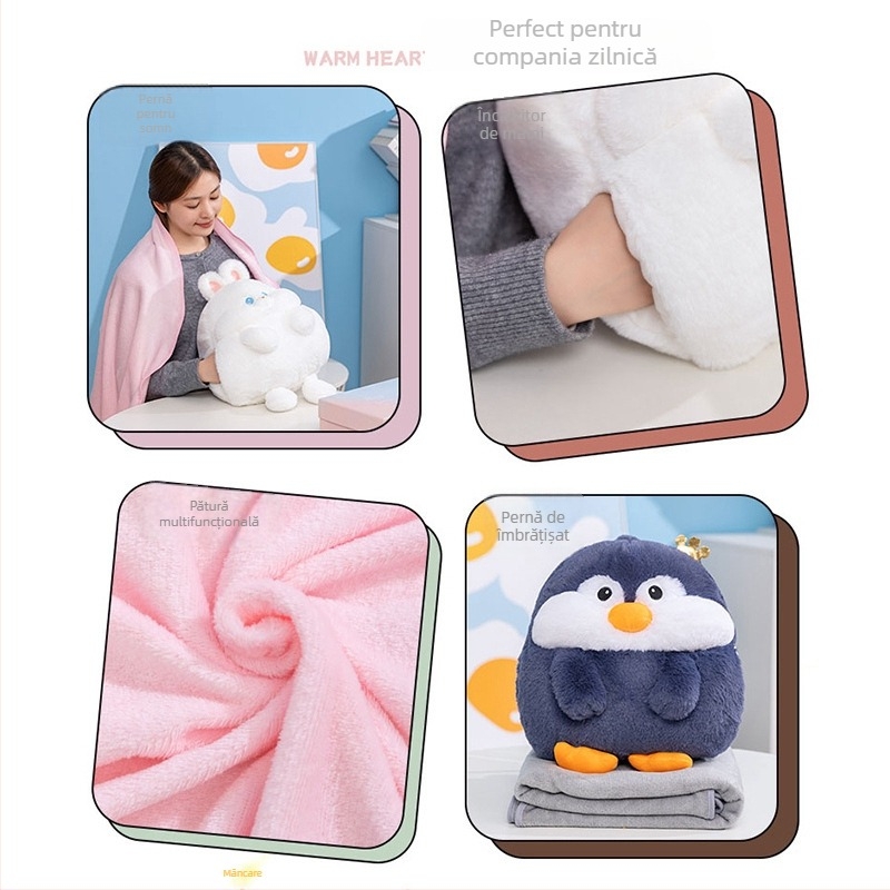 Pernă pluș cu capibara, hamster și pinguin, cu pătură — 3 în 1 pentru birou și acasă, pernă de odihnă și încălzitor de mâini, păpușă decorativă