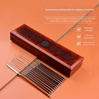 Set profesional de instrumente pentru curățarea urechilor din oțel carbon – lingură pentru urechi, cuțit de nor, vârf de curățare a urechii, cap de ciupercă, bețișoare de bumbac, cârlig pentru urechi