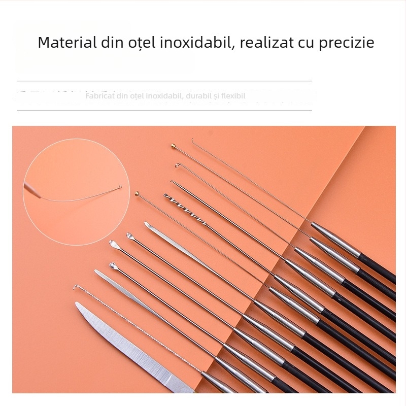 Set profesional de instrumente pentru curățarea urechilor din oțel carbon – lingură pentru urechi, cuțit de nor, vârf de curățare a urechii, cap de ciupercă, bețișoare de bumbac, cârlig pentru urechi