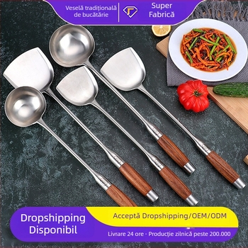 Spatulă de bucătărie din oțel inoxidabil, cu mâner din lemn, mâner lung, vârf îngroșat, durabilă