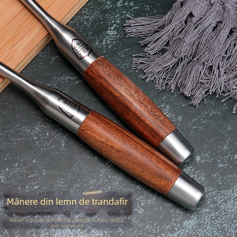 Spatulă de bucătărie din oțel inoxidabil, cu mâner din lemn, mâner lung, vârf îngroșat, durabilă