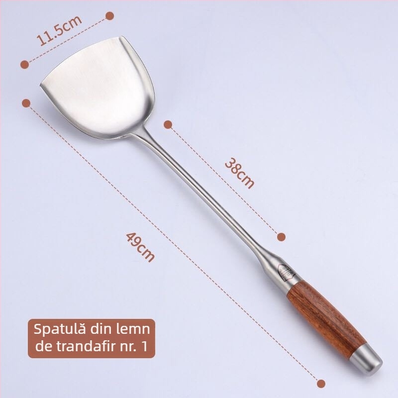Spatulă de bucătărie din oțel inoxidabil, cu mâner din lemn, mâner lung, vârf îngroșat, durabilă
