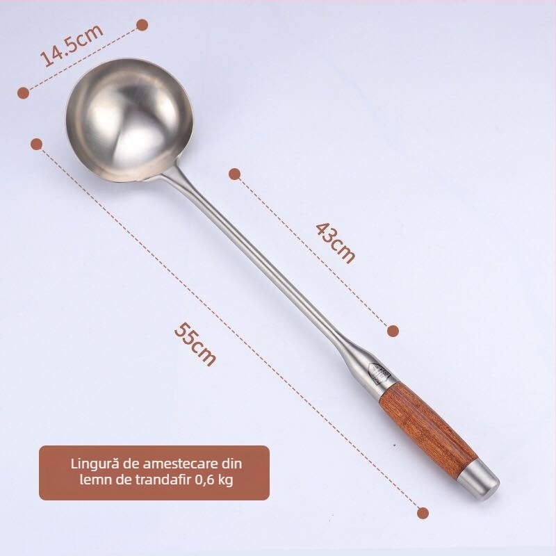 Spatulă de bucătărie din oțel inoxidabil, cu mâner din lemn, mâner lung, vârf îngroșat, durabilă
