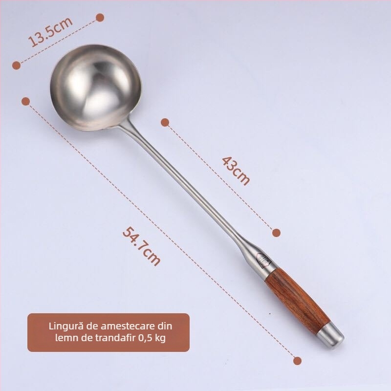 Spatulă de bucătărie din oțel inoxidabil, cu mâner din lemn, mâner lung, vârf îngroșat, durabilă