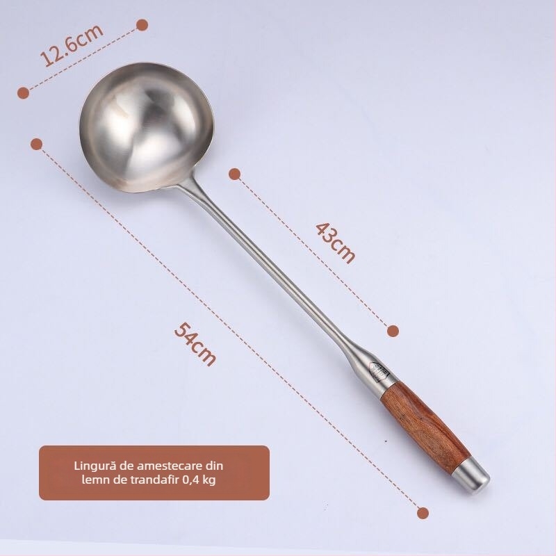Spatulă de bucătărie din oțel inoxidabil, cu mâner din lemn, mâner lung, vârf îngroșat, durabilă