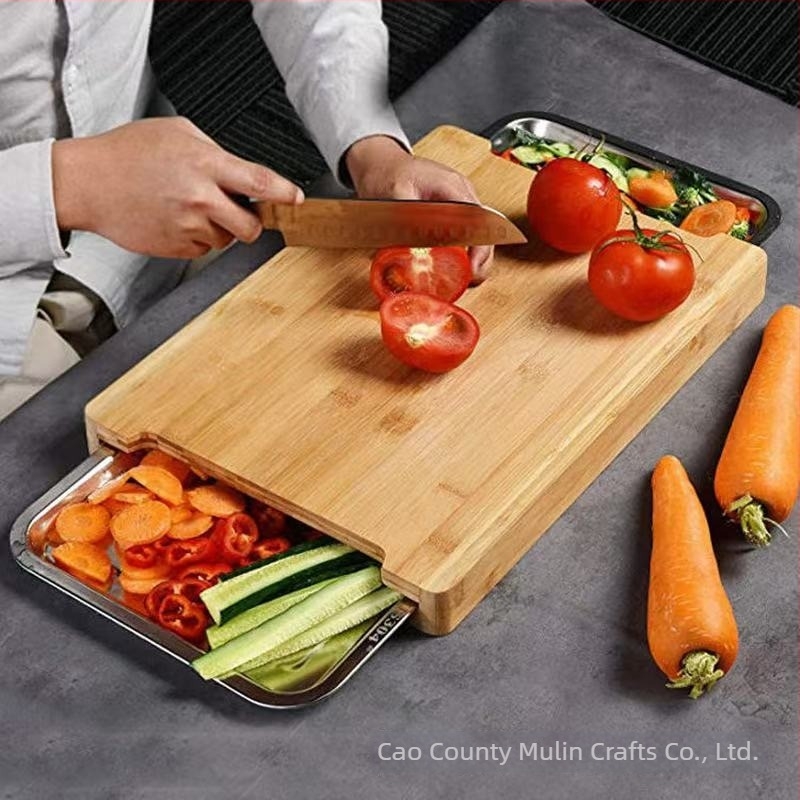 Placă de tăiere din bambus cu sertar, suprafață multifuncțională pentru legume și ingrediente, placă pentru fructe și pâine, tavă pentru brânzeturi