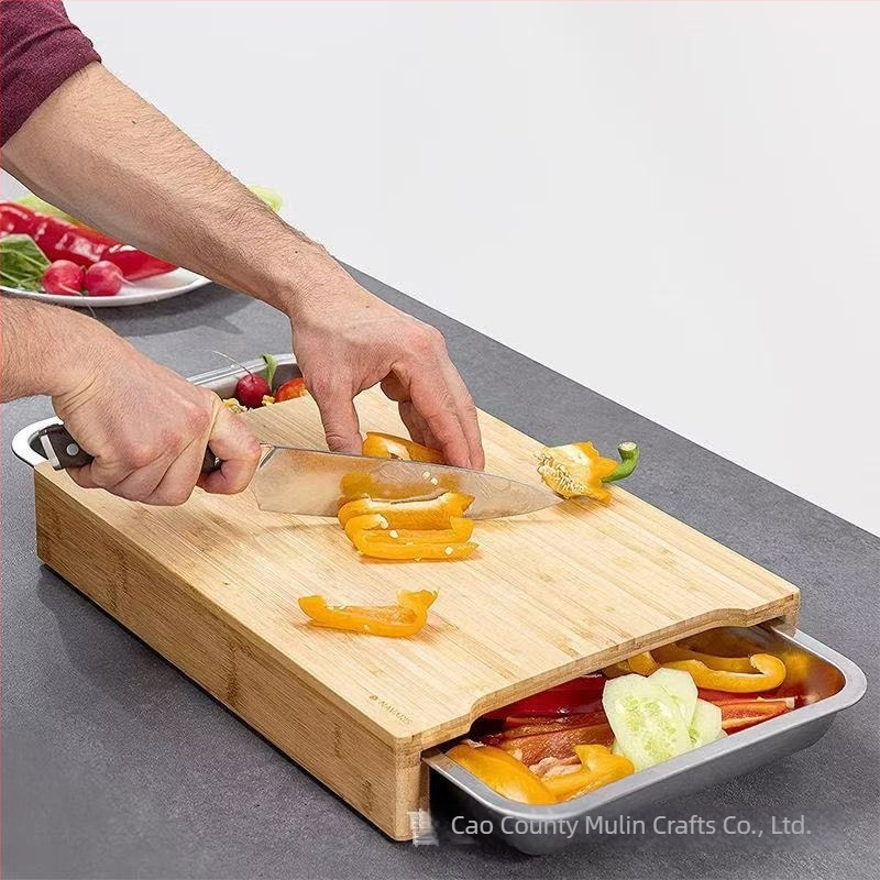 Placă de tăiere din bambus cu sertar, suprafață multifuncțională pentru legume și ingrediente, placă pentru fructe și pâine, tavă pentru brânzeturi