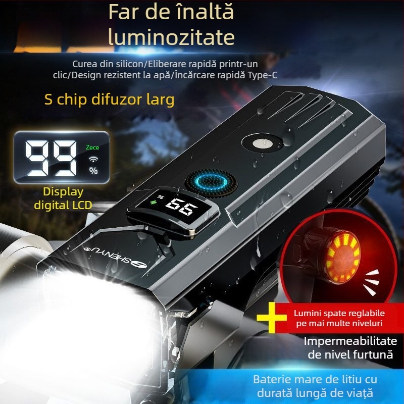 Lumină față pentru bicicletă – super luminoasă, rază lungă, reîncărcabilă, pentru plimbări nocturne, rezistentă la ploaie, echipament pentru ciclism montan