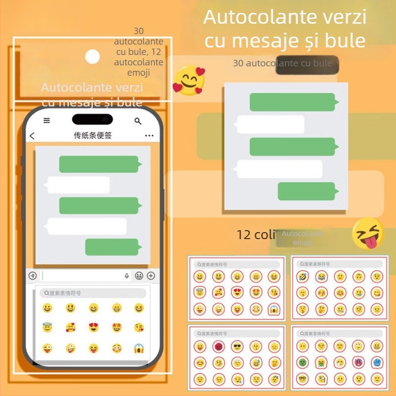Bloc de notițe cu bule verzi, etichete emoji de chat și note lipicioase detașabile pentru clasă