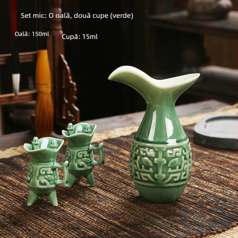 Set ceramic în stil chinezesc pentru vin, cu decantator și pahare, cutie cadou premium.