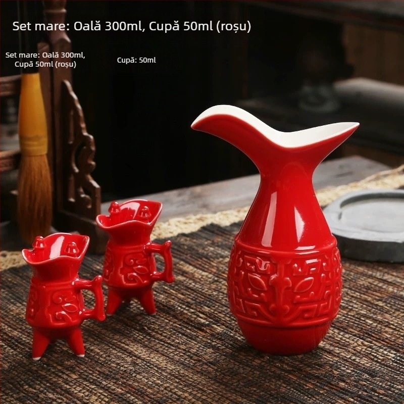 Set ceramic în stil chinezesc pentru vin, cu decantator și pahare, cutie cadou premium.