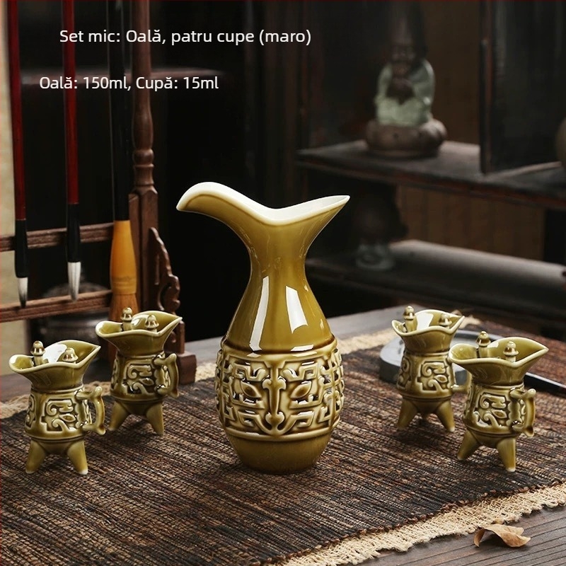 Set ceramic în stil chinezesc pentru vin, cu decantator și pahare, cutie cadou premium.