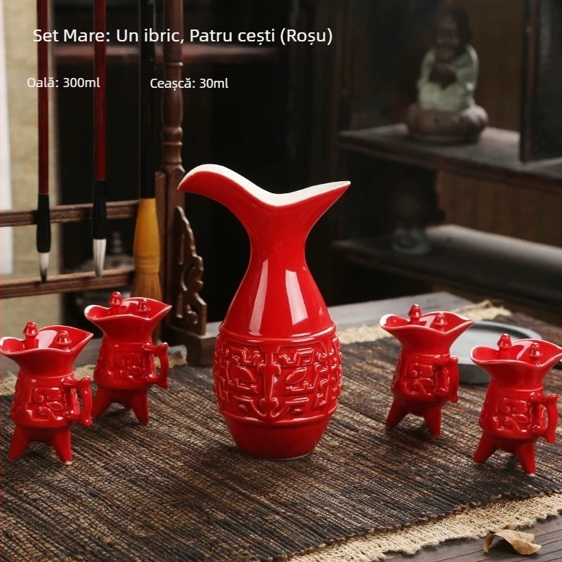 Set ceramic în stil chinezesc pentru vin, cu decantator și pahare, cutie cadou premium.
