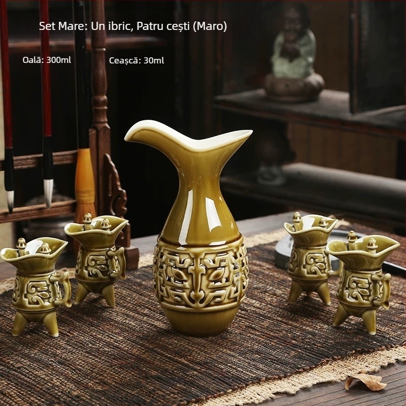 Set ceramic în stil chinezesc pentru vin, cu decantator și pahare, cutie cadou premium.