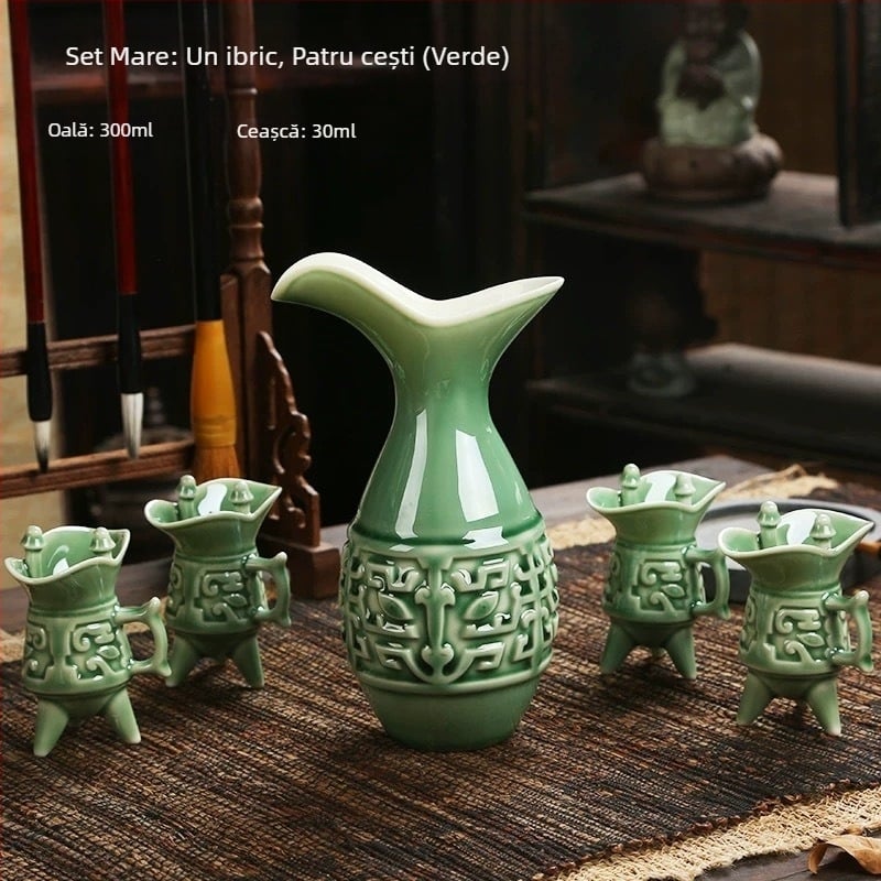Set ceramic în stil chinezesc pentru vin, cu decantator și pahare, cutie cadou premium.