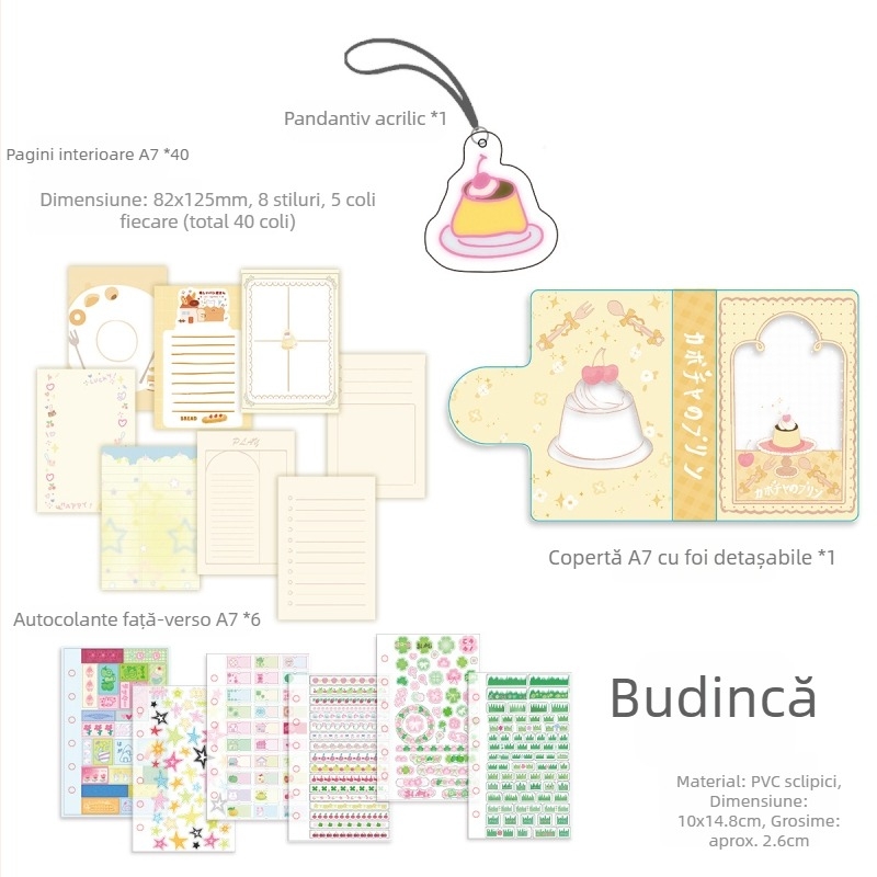 Jurnal A7 cu copertă lucioasă, foi detașabile, format de buzunar, spațiu pentru stickere, stil kawaii drăguț
