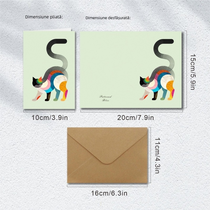 Set de felicitări cu artă abstractă modernă – pisică curcubeu, cu plic