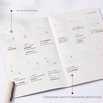 Inrik 2026 Agendă lunară A5 cu calendar 18 luni și bloc-notes