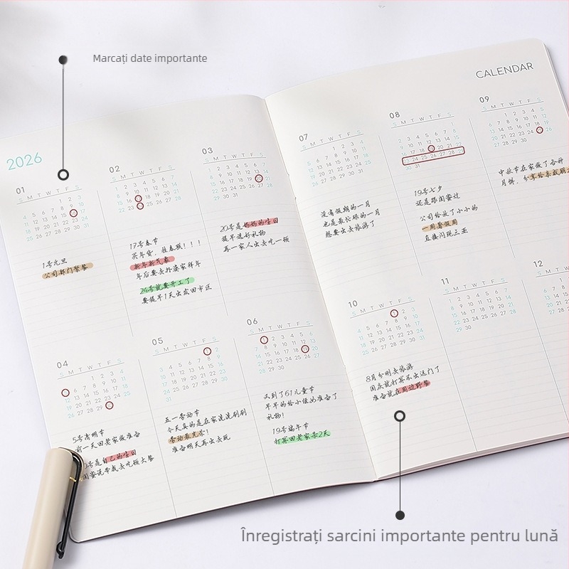 Inrik 2026 Agendă lunară A5 cu calendar 18 luni și bloc-notes