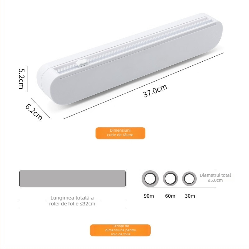 Tăietor pentru folie alimentară cu ventuză și cutie reglabilă de depozitare — instrument creativ de bucătărie